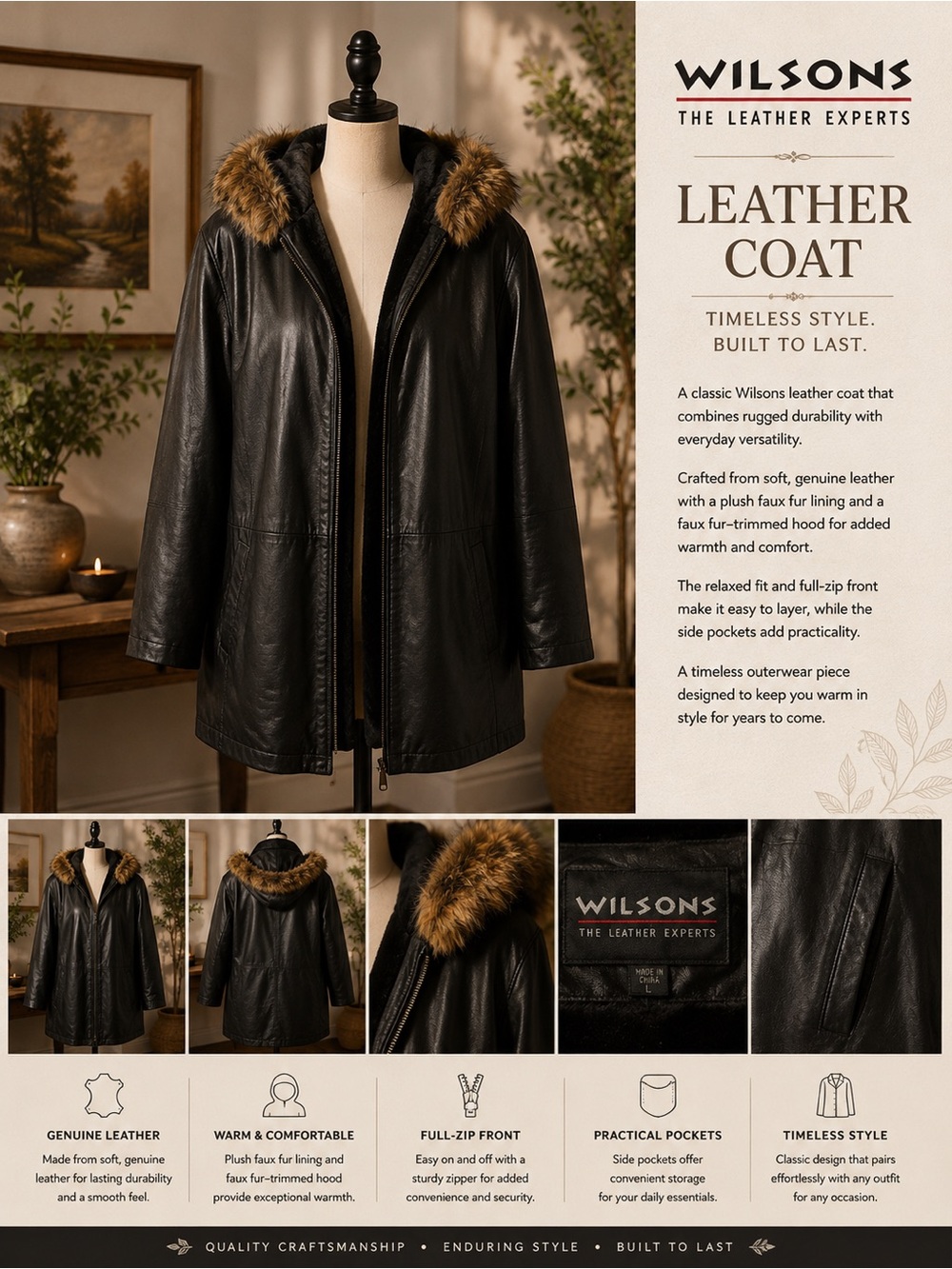 Wilson Black Leather Jacket with Brown Faux-Fur Trim Hood